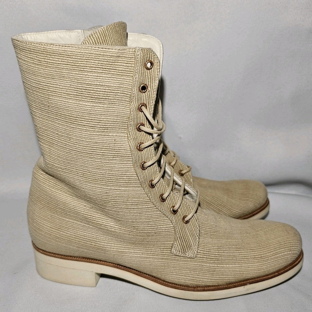 FARRUTX Men's beige textile lace-up calf boot side zip leather lined size 39**